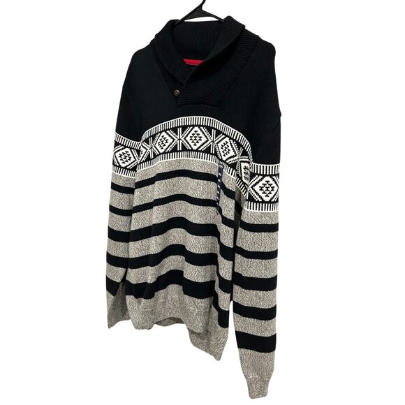 Chaps Mens NE2XL Shawl Collar Knit Sweater Black & Gray Striped Geometric Patter - Picture 3 of 9